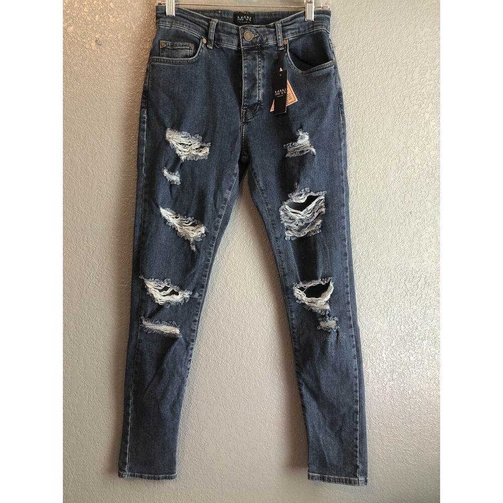 Boohooman Womens‎ Denim 30 Skinny Stretch All Over Ripped Jeans Distressed NEW